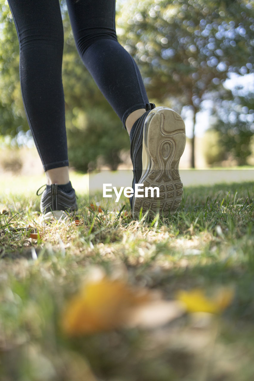 Runner feet running in park. training body wellness concept.
