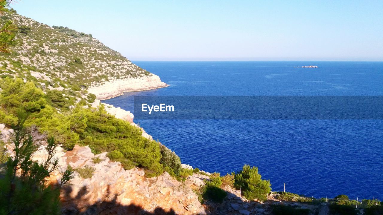 High angle view of sea against clear sky