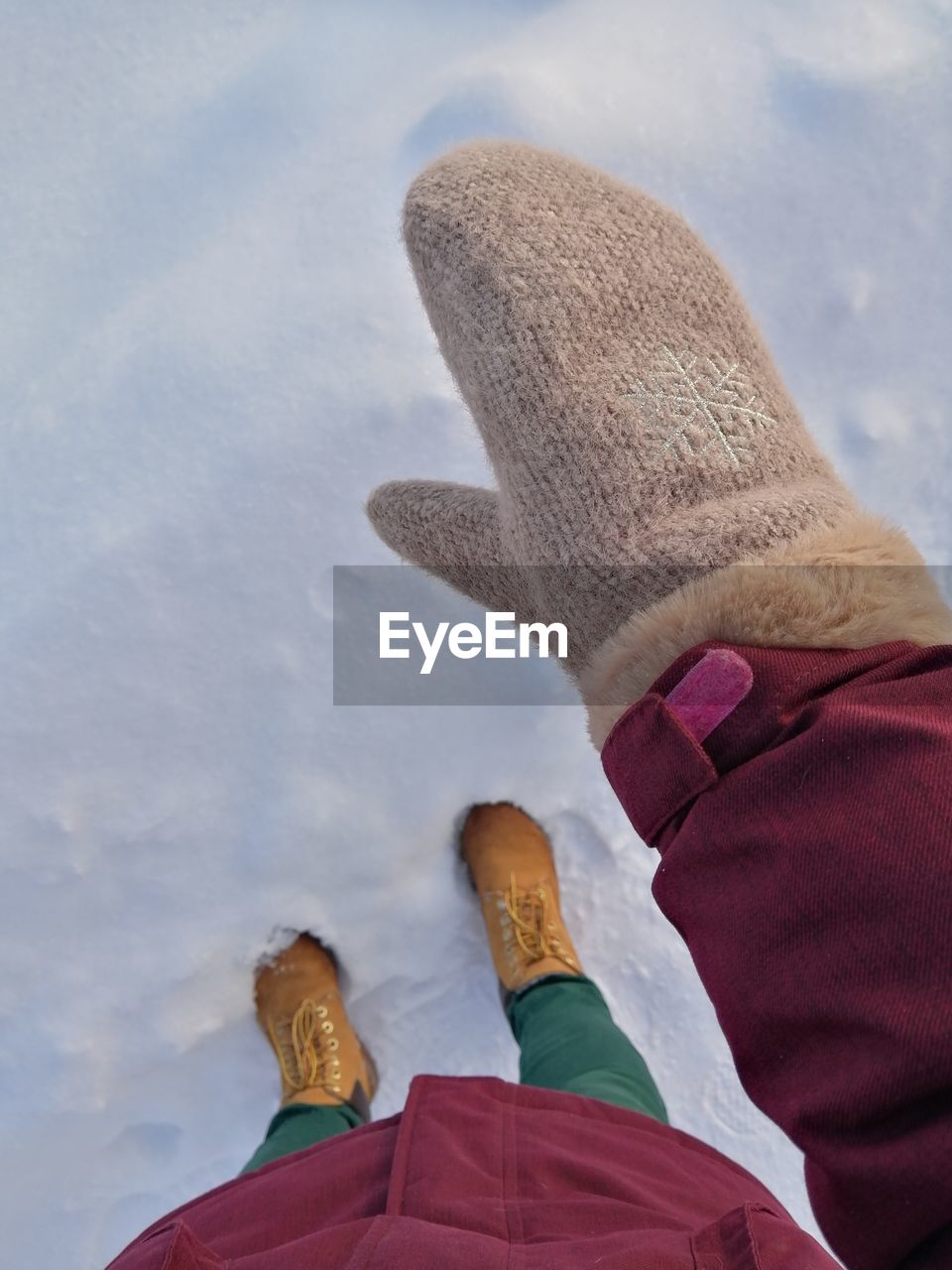 Low section of woman standing on snow