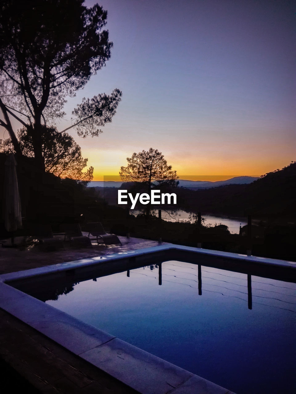 Silhouette trees by swimming pool against sky during sunset