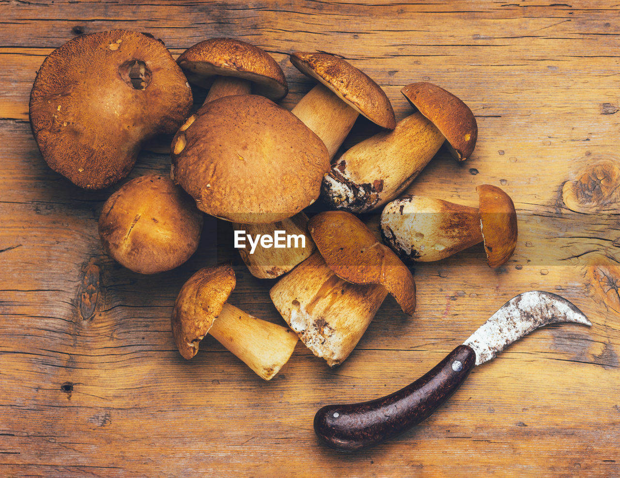 A bunch of boletus mushrooms and a knife on a wooden table top view close-up