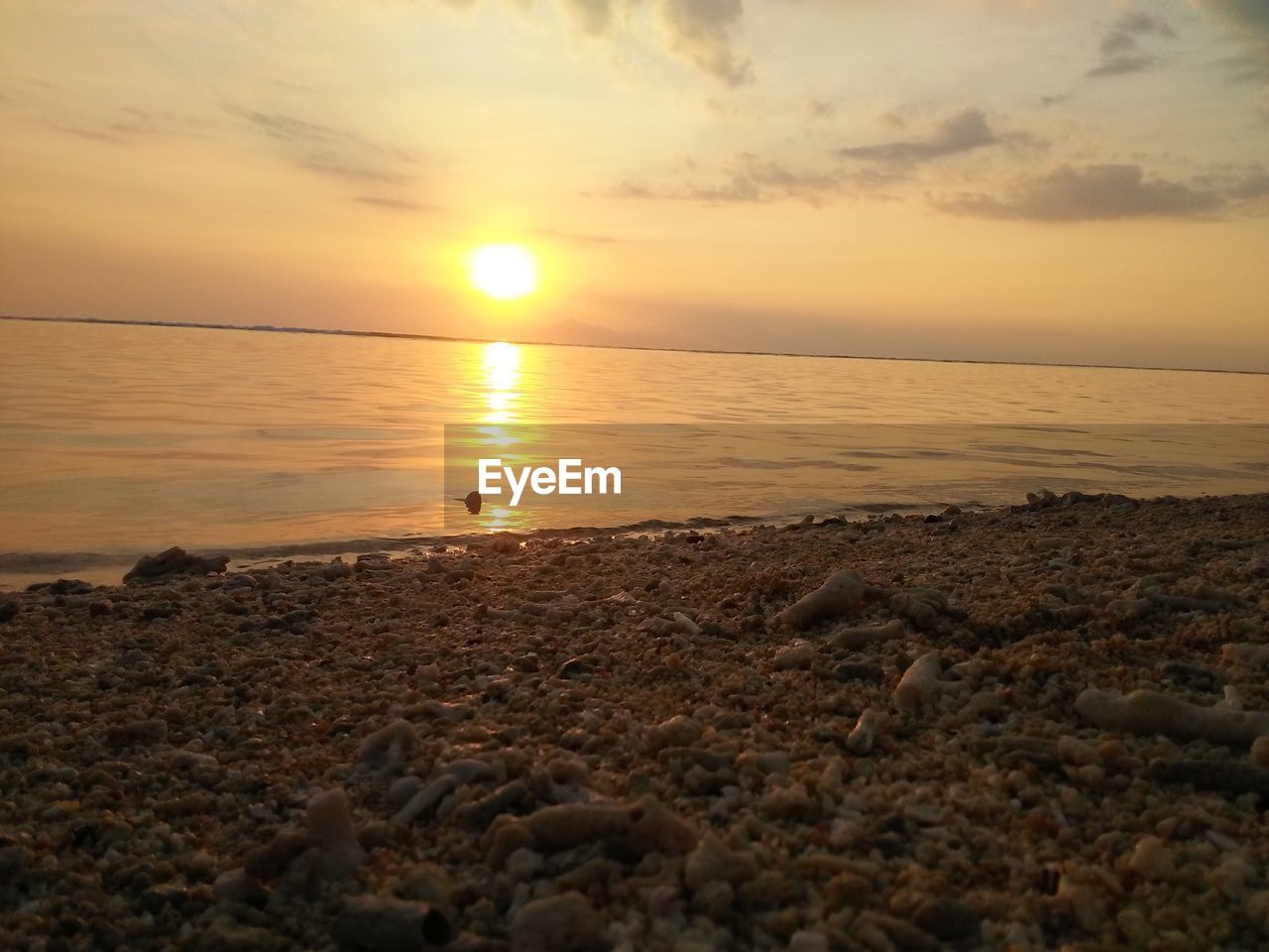 View of calm beach at sunset