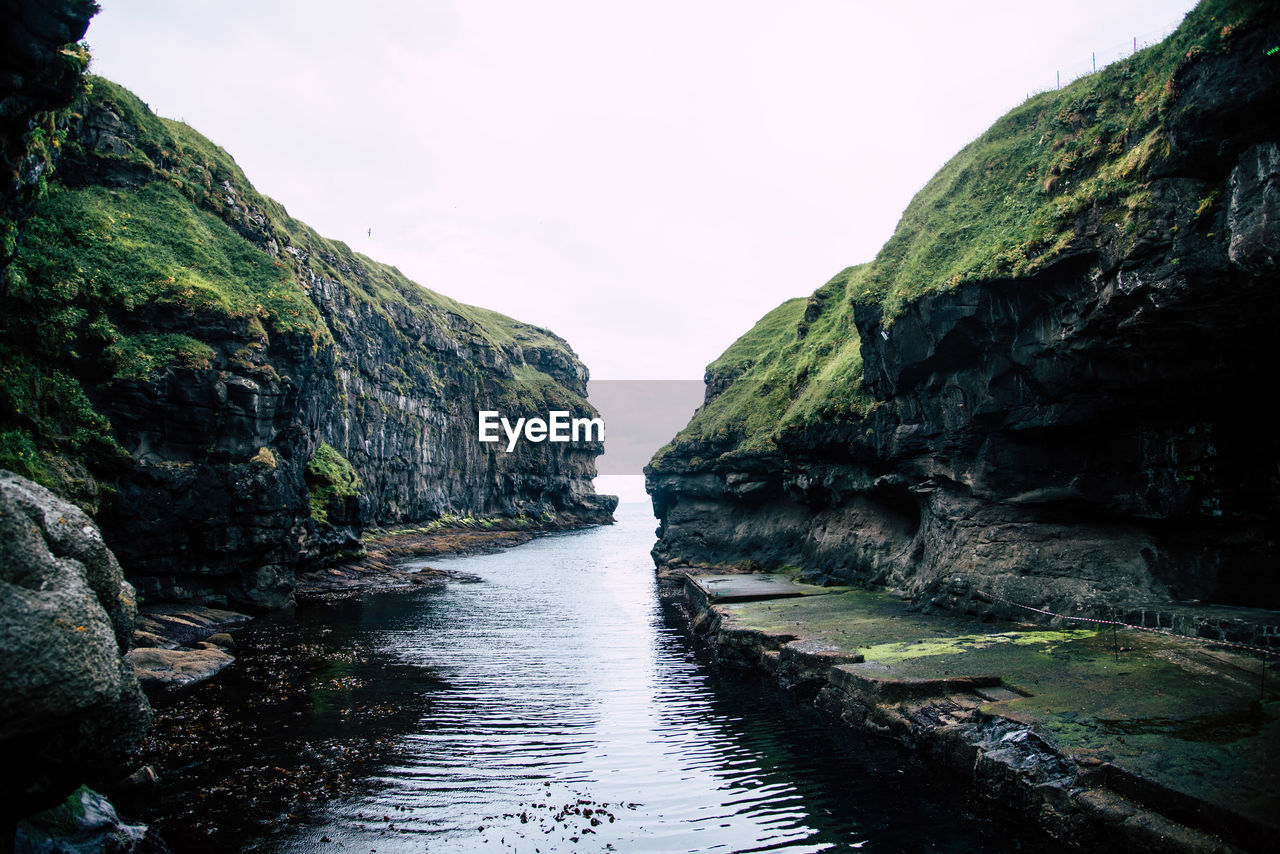 Scenic view of waterfall against sky