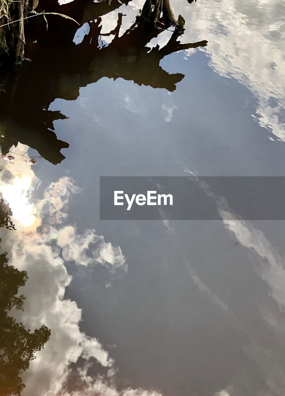HIGH ANGLE VIEW OF REFLECTION OF CLOUDS IN LAKE
