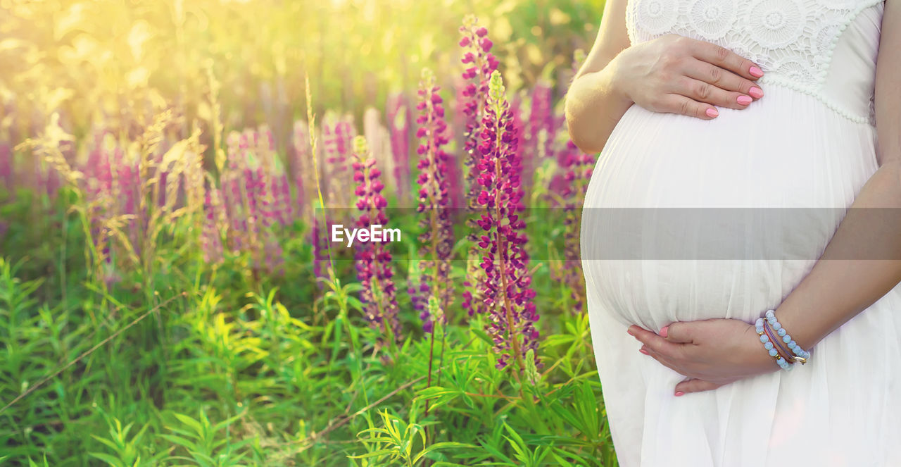 Midsection of pregnant woman standing amidst flowers