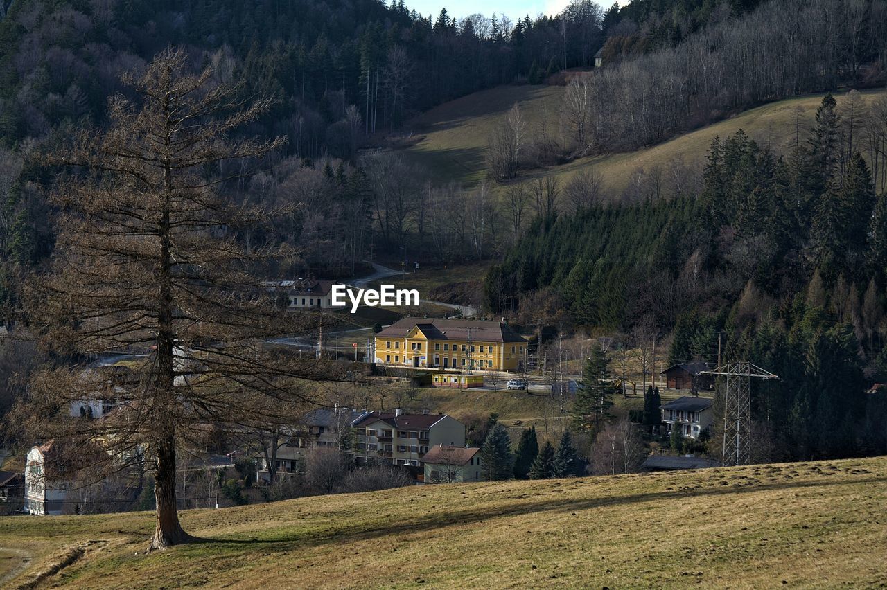 High angle shot of built structures on landscape