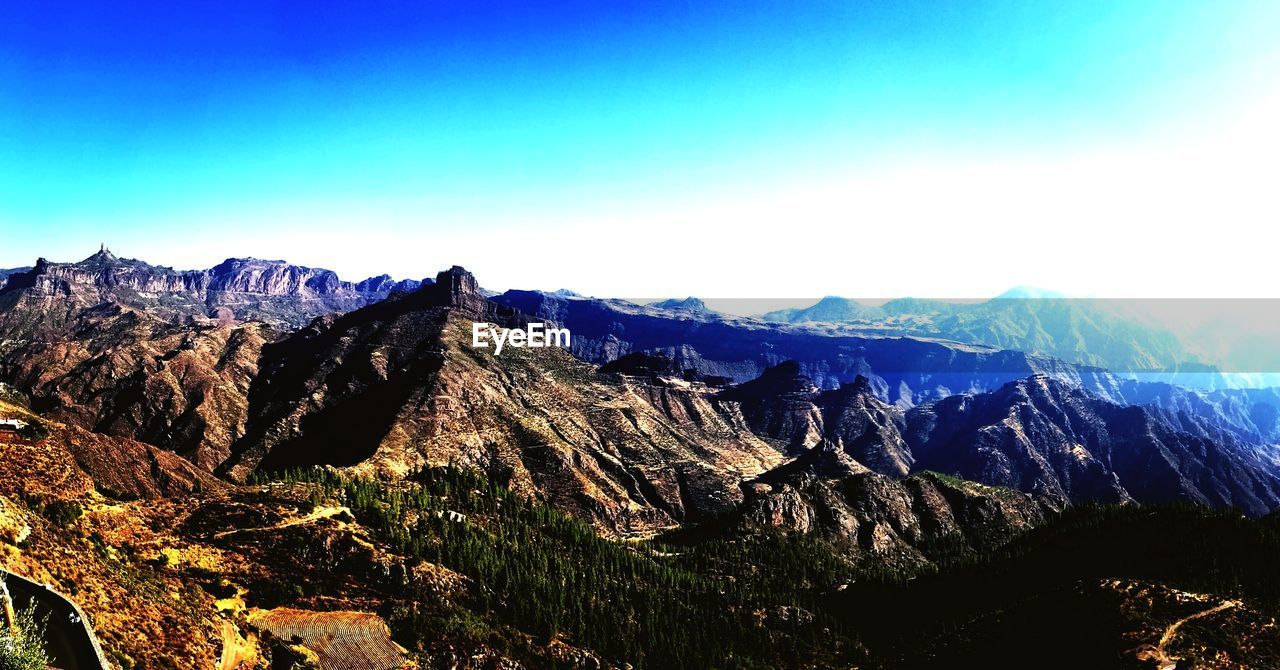 SCENIC VIEW OF MOUNTAIN RANGE AGAINST CLEAR BLUE SKY