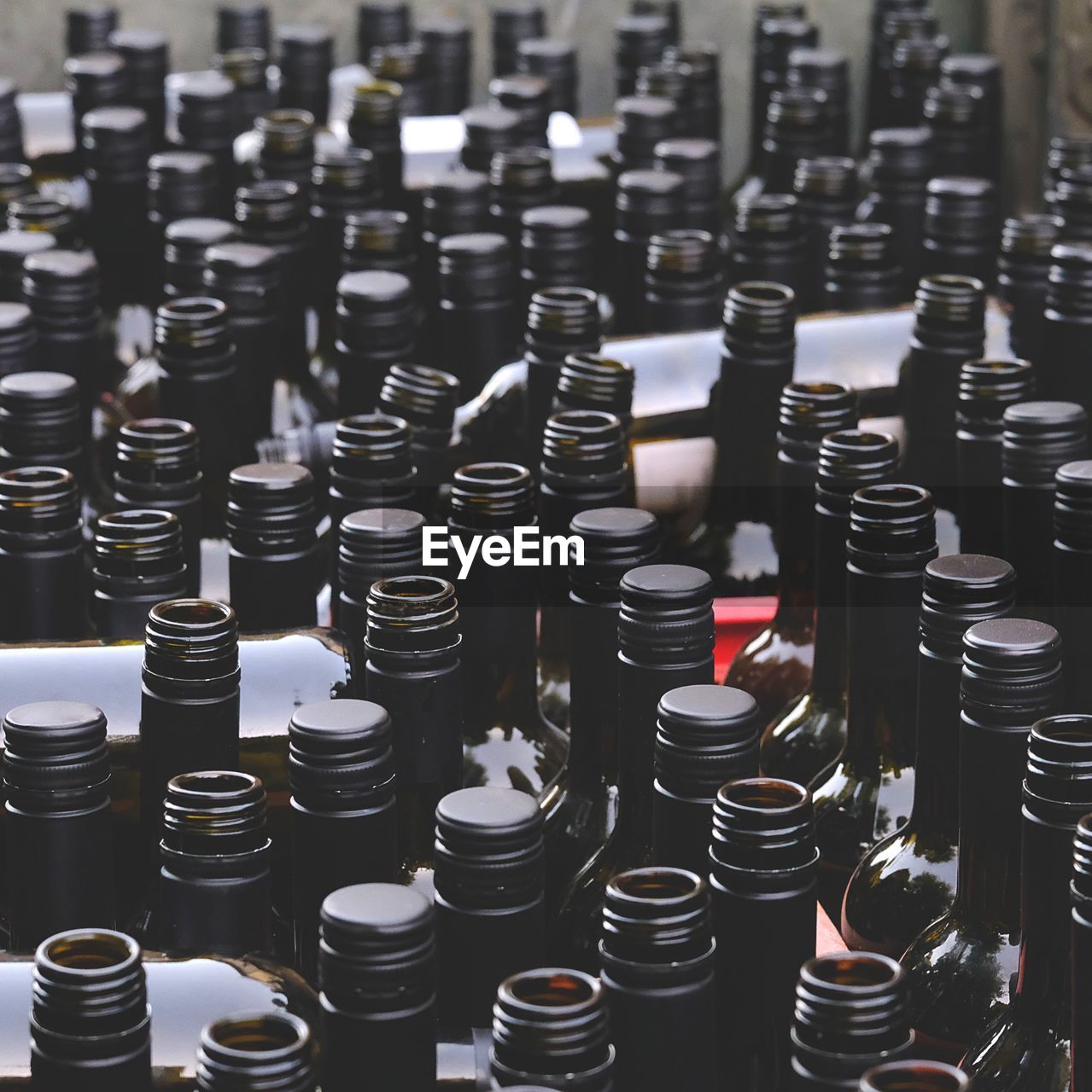 High angle view of bottles in factory