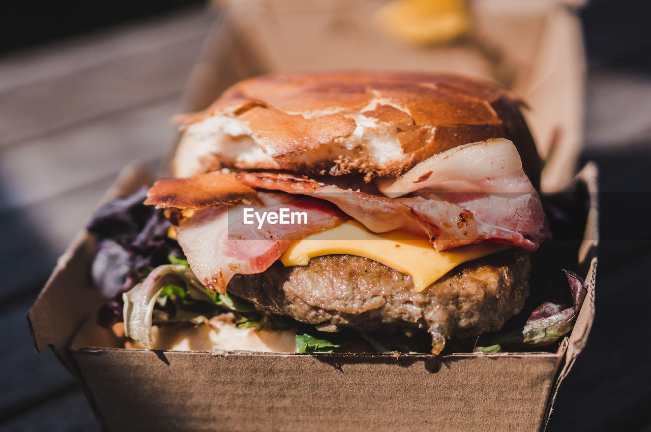 Close-up of burger in container