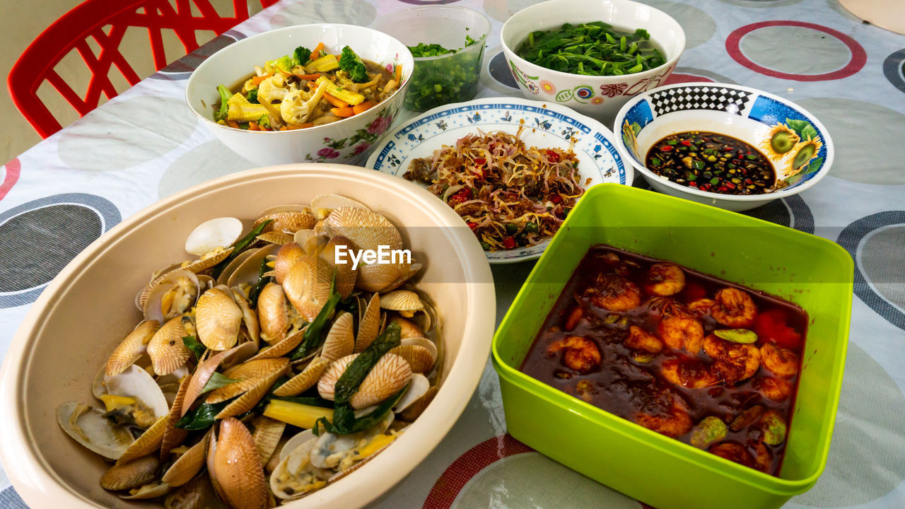 HIGH ANGLE VIEW OF VARIOUS FOOD IN BOWL ON TABLE