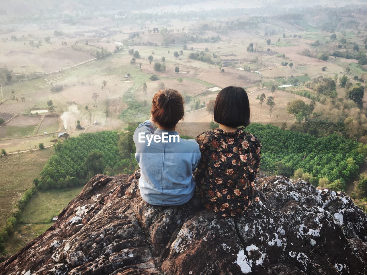 Rear view of friends looking at landscape while sitting on mountain