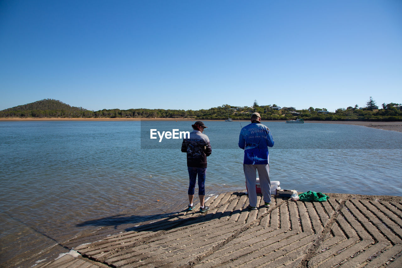 REAR VIEW OF MEN ON LAKE AGAINST CLEAR SKY