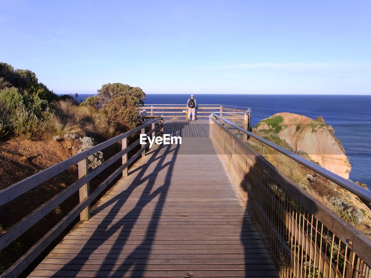 Rear view of man standing on boardwalk against clear sky