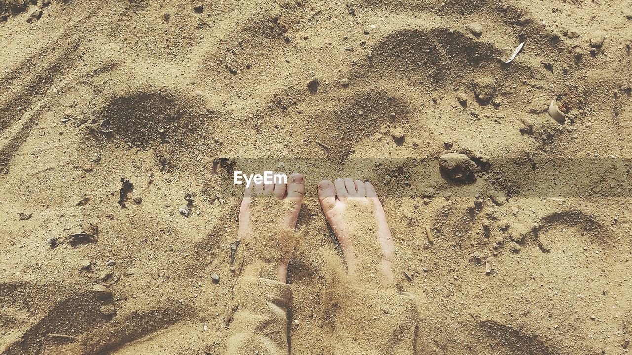 Low section of kid playing in sand at beach