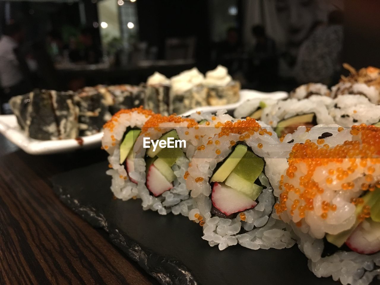 Close-up of sushi served on table