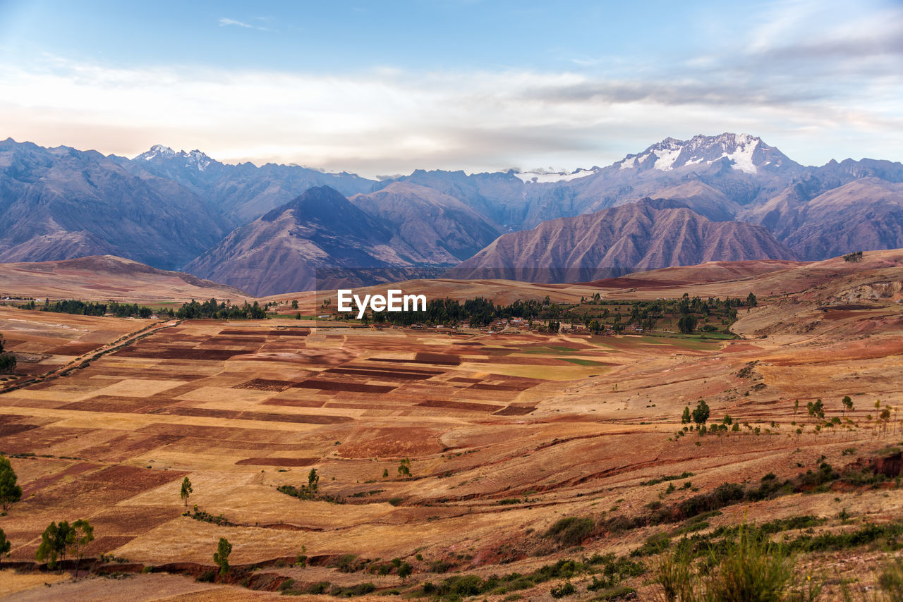 Scenic view of patchwork landscape against mountains at urubamba valley