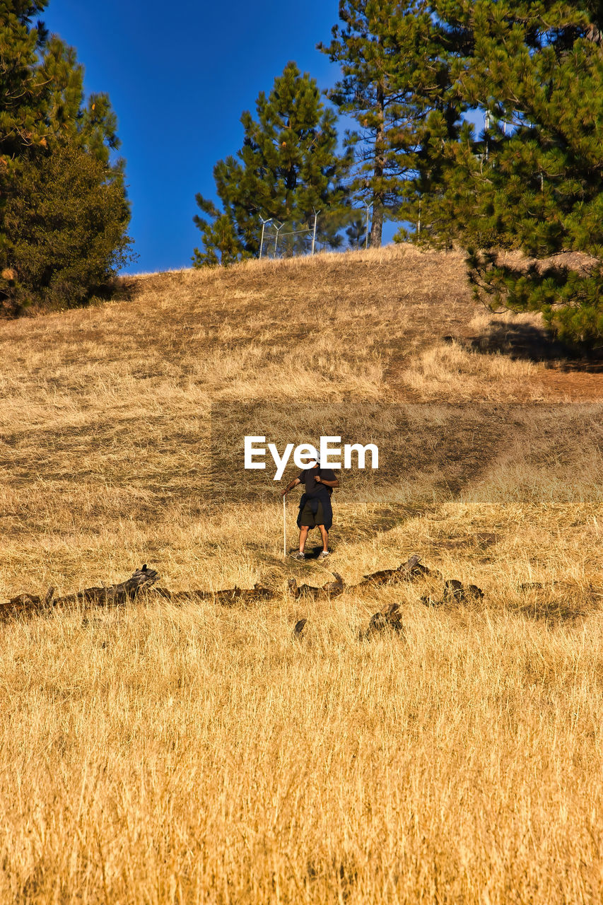 REAR VIEW OF MAN STANDING ON FIELD