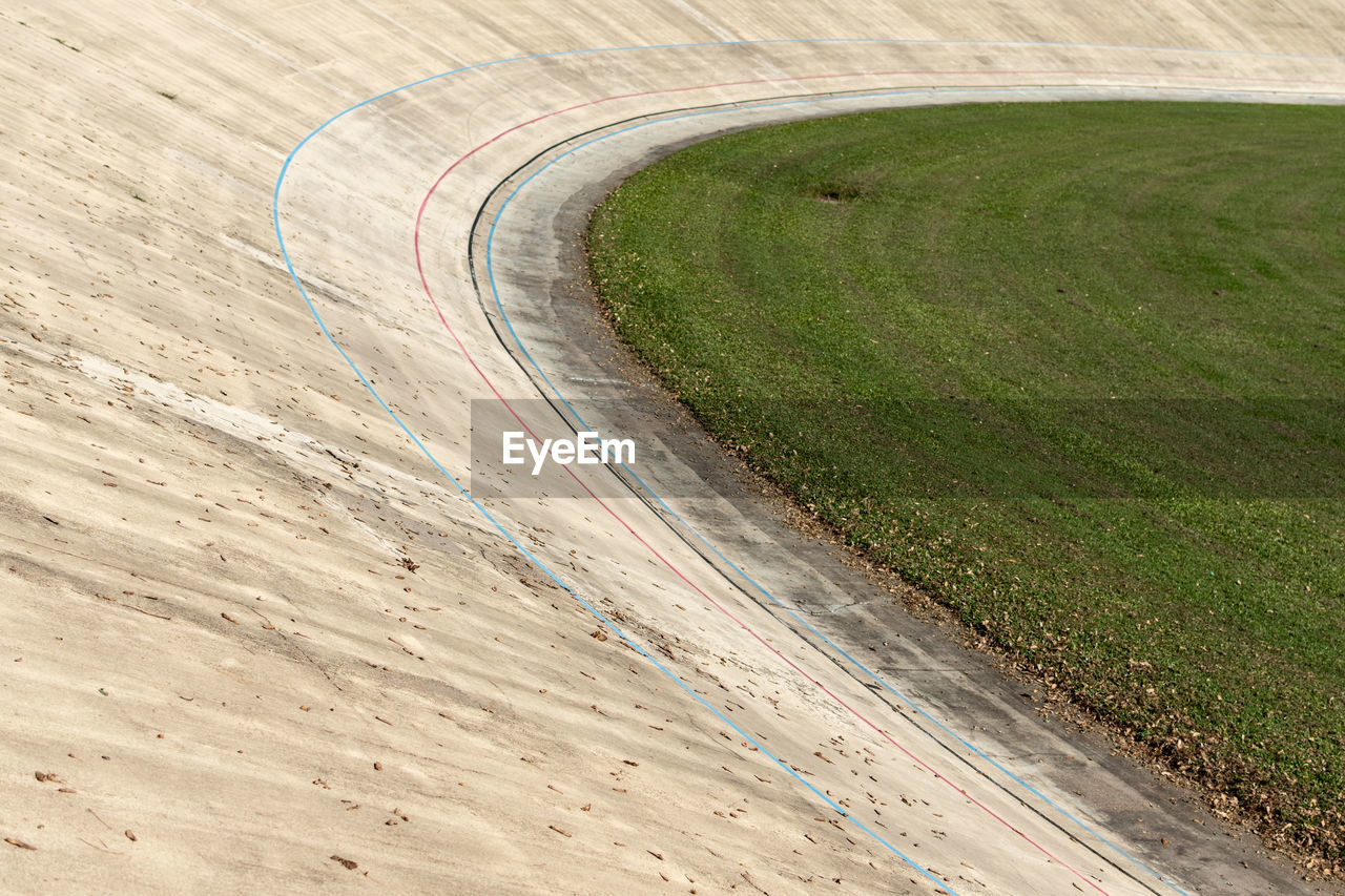 High angle view of outdoor velodrome, concrete bicycle racing track