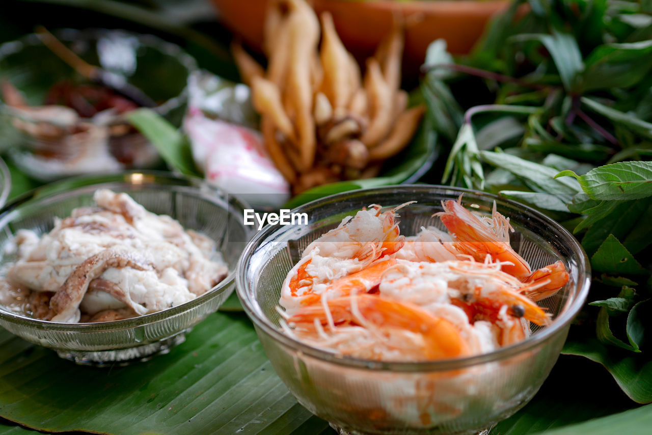 Close-up of fish served in bowl on table