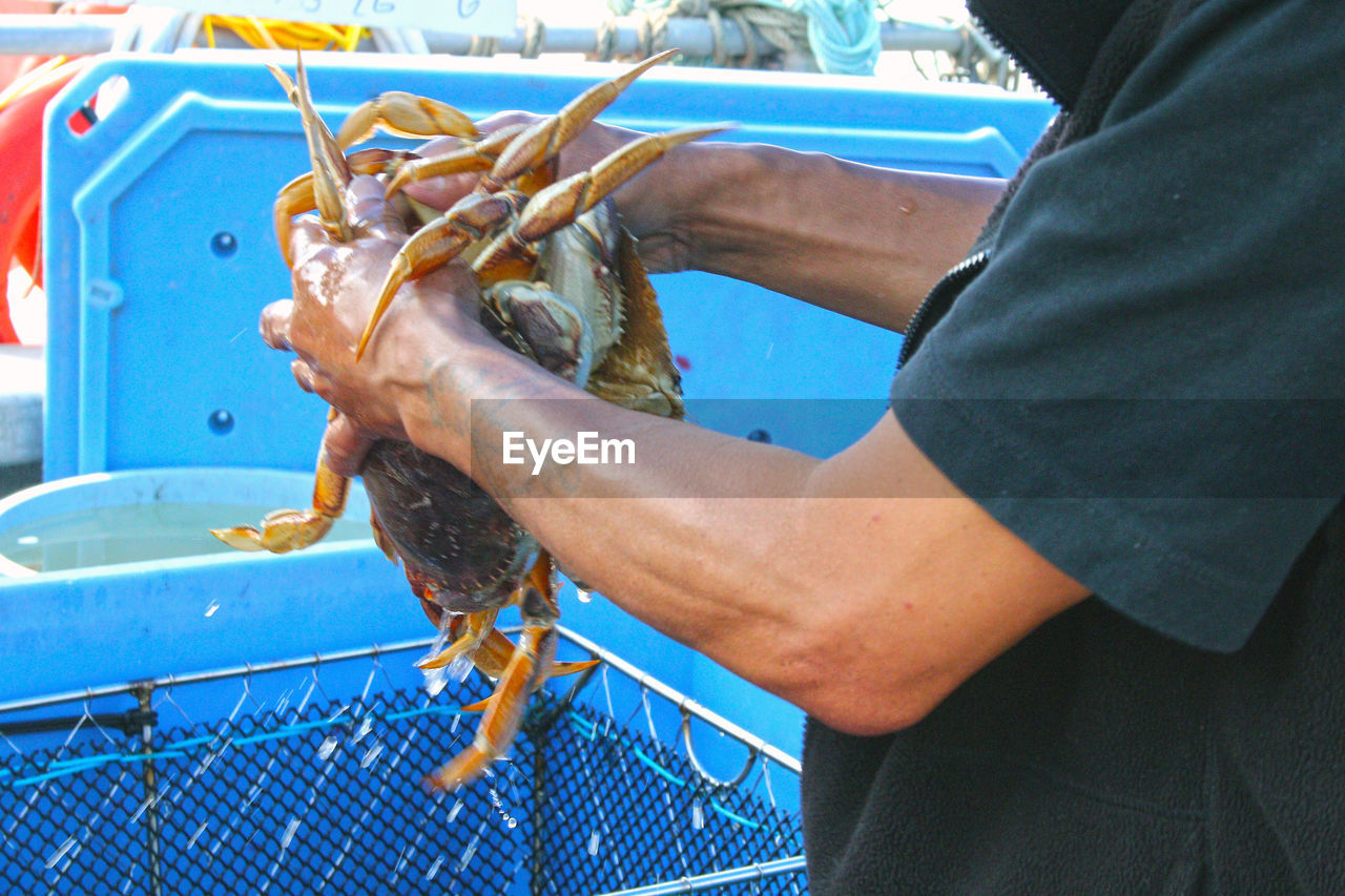 CLOSE-UP OF MAN HOLDING FISH AT BLUE SEA