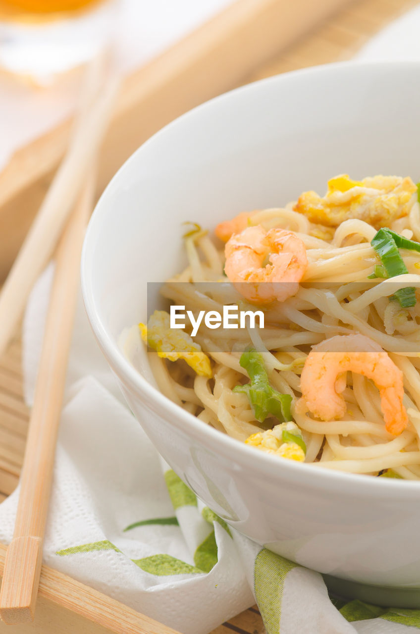 Close-up of prawn spaghetti in bowl