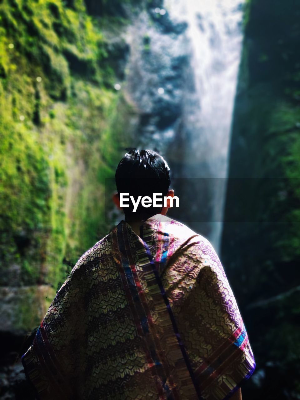 Rear view of man looking at waterfall in forest