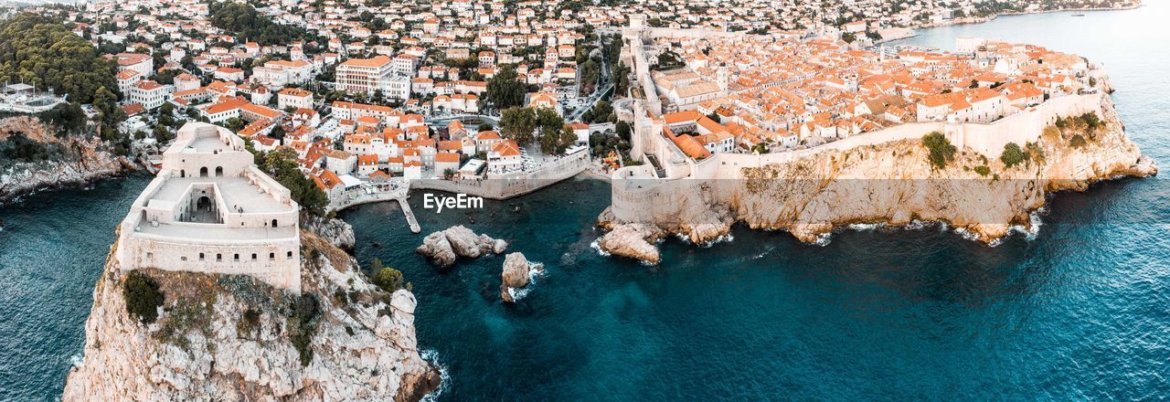 High angle view of buildings in city of dubrovnik with city walls and kings landing game of thrones. 