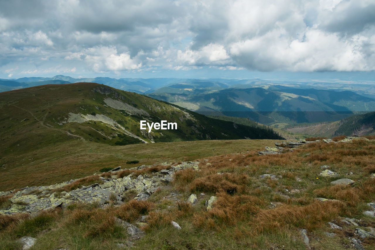 Scenic view of landscape and mountains against sky