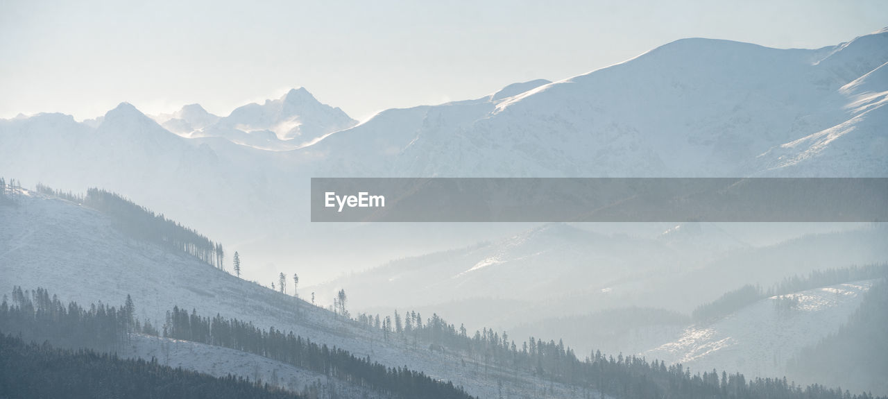 Snowy landscape with mountains in background and forest in foreground, slovakia, europe