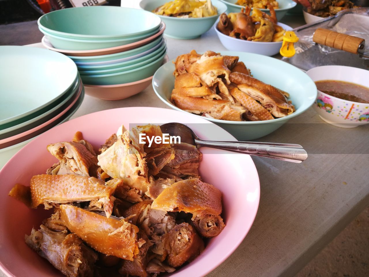 High angle view of food served in bowls on table