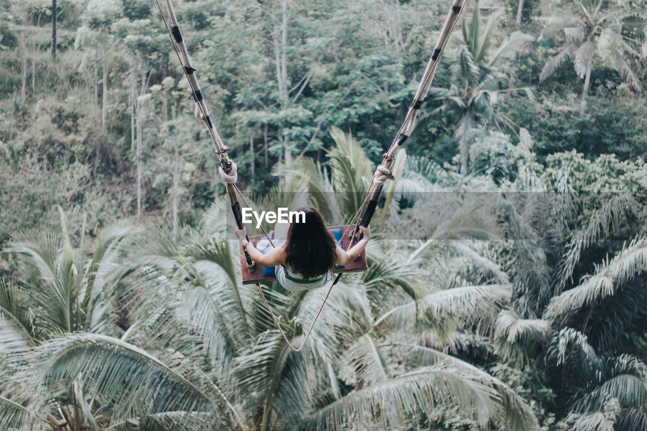 Young pretty asian woman is swinging on the cliff of the jungle in ubud, bali.