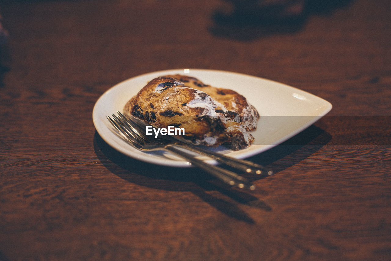 High angle view of dessert in plate on table