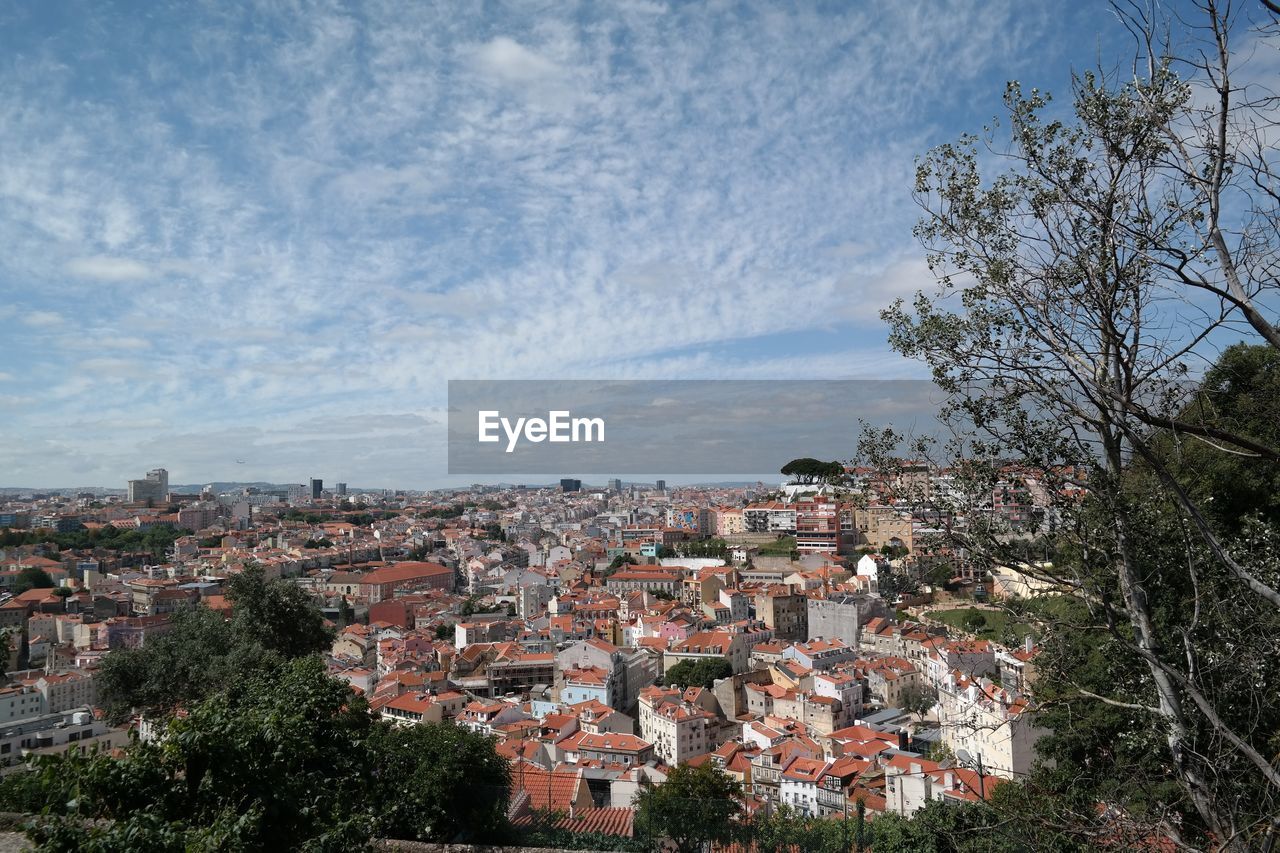 High angle view of cityscape against cloudy sky