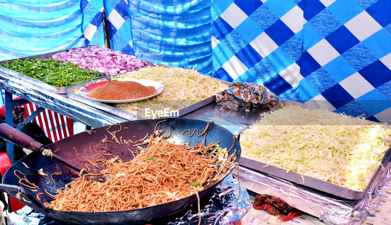 High angle view of food for sale at market stall