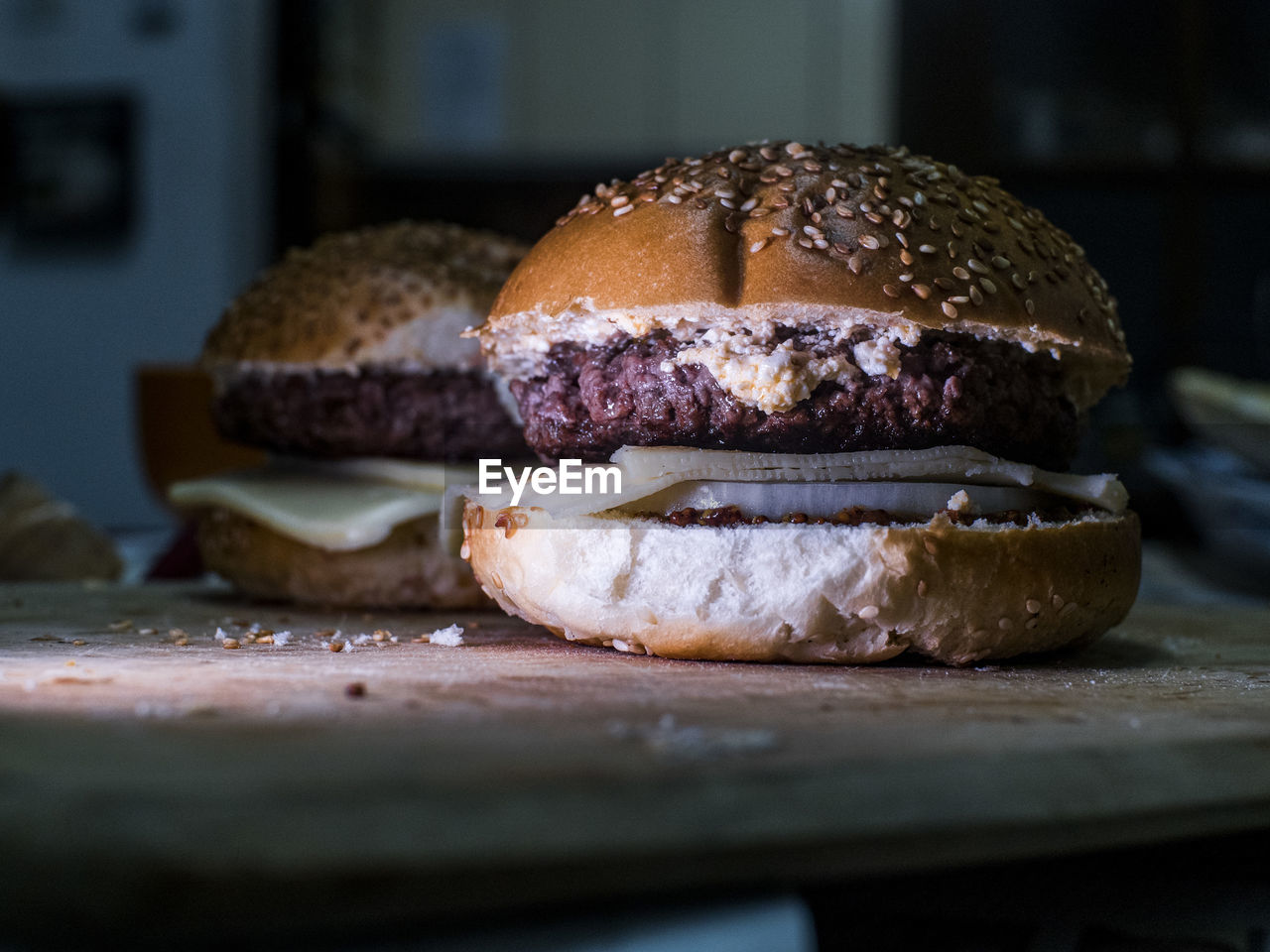 Close-up of hamburgers on table