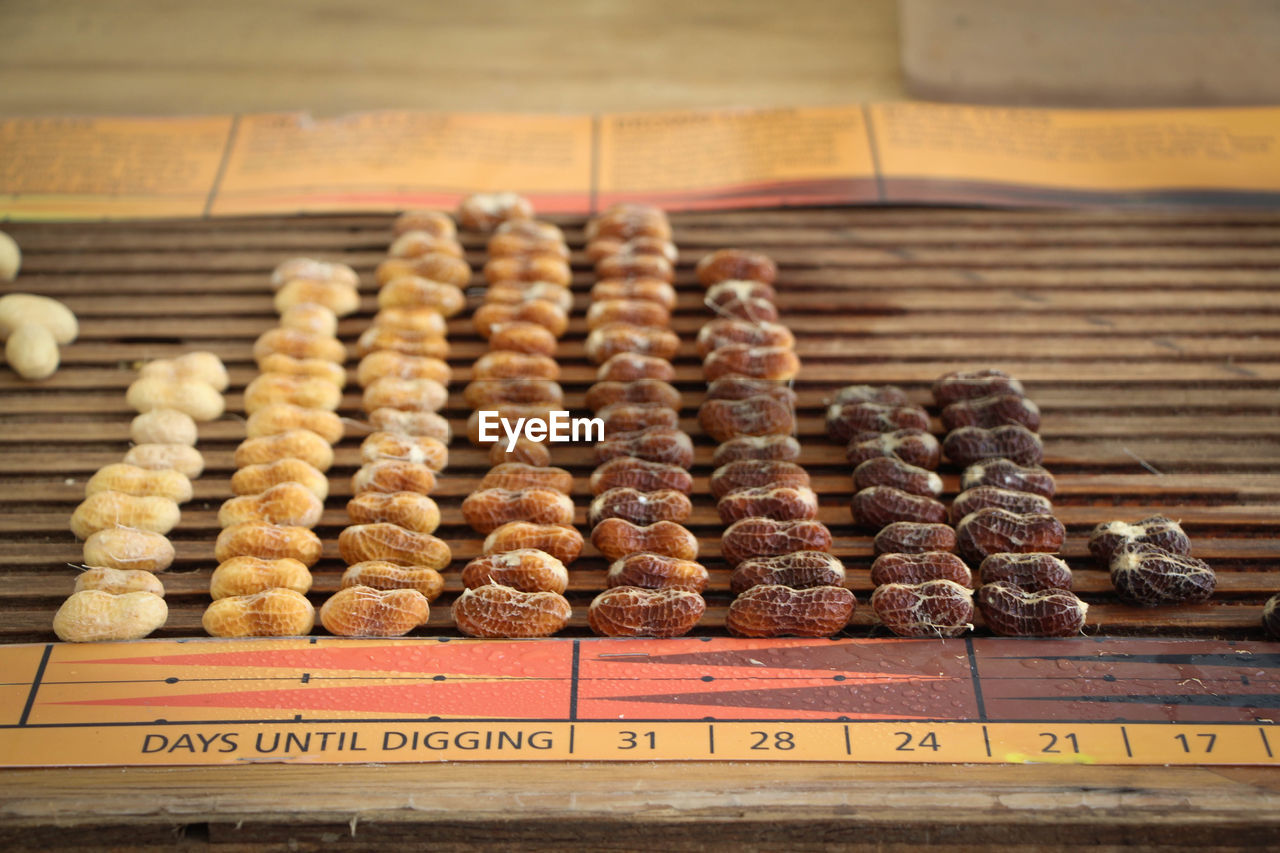 Peanuts arranged on table