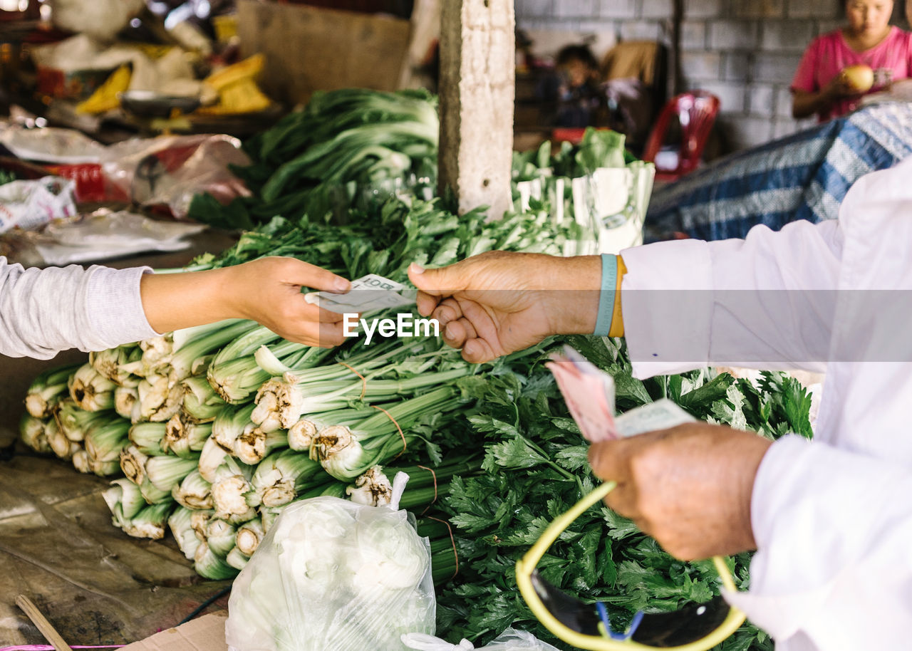 Unrecognizable seller giving change to faceless buyer near counter with green onion in outdoors market