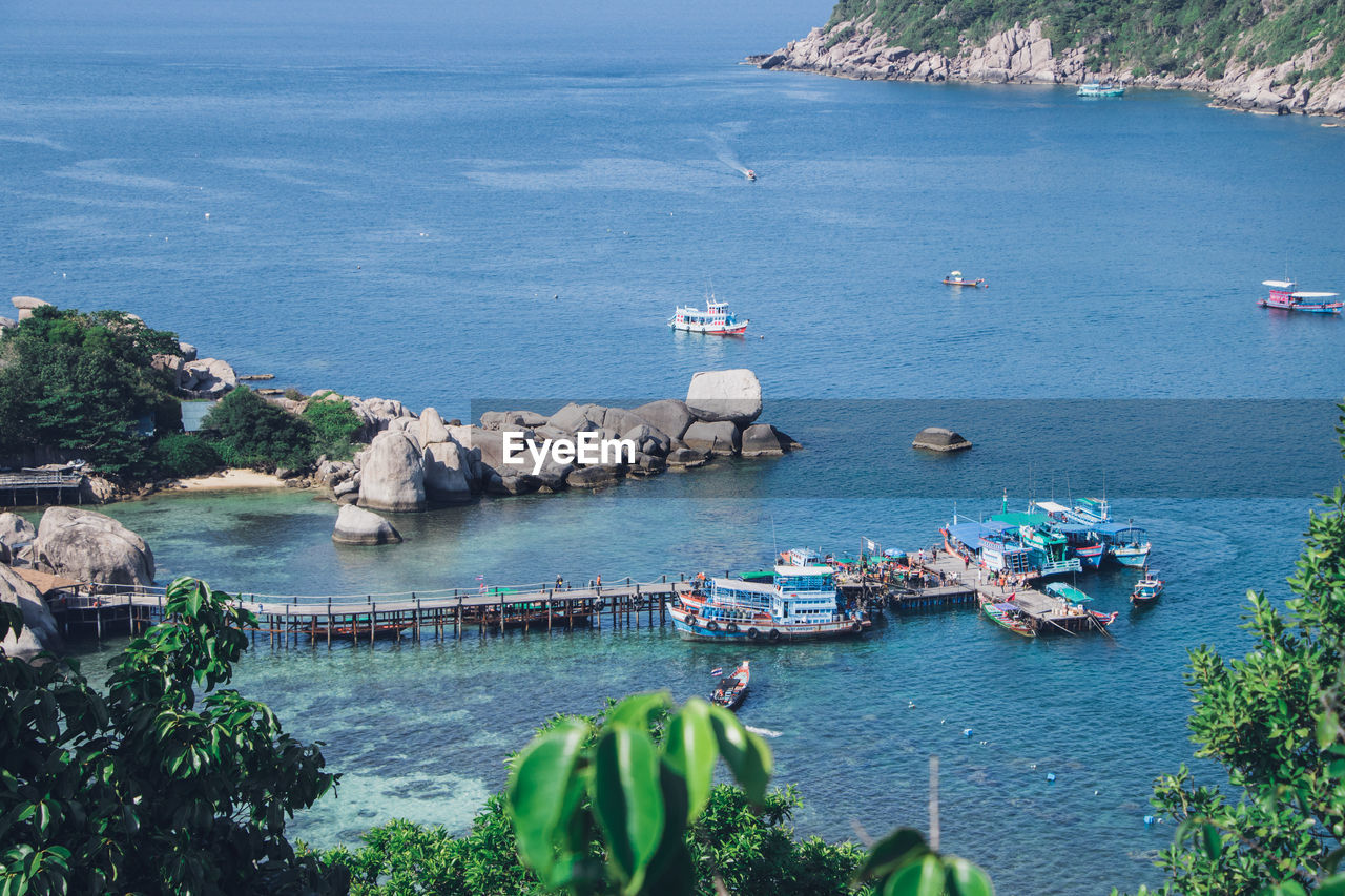 High angle view of boats in sea