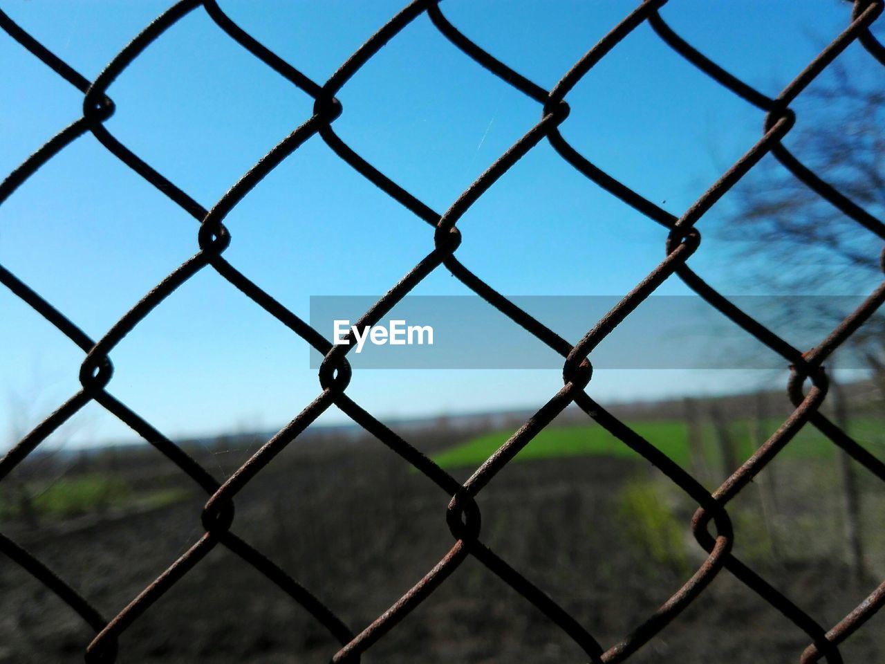 Field seen through chainlink fence against clear blue sky