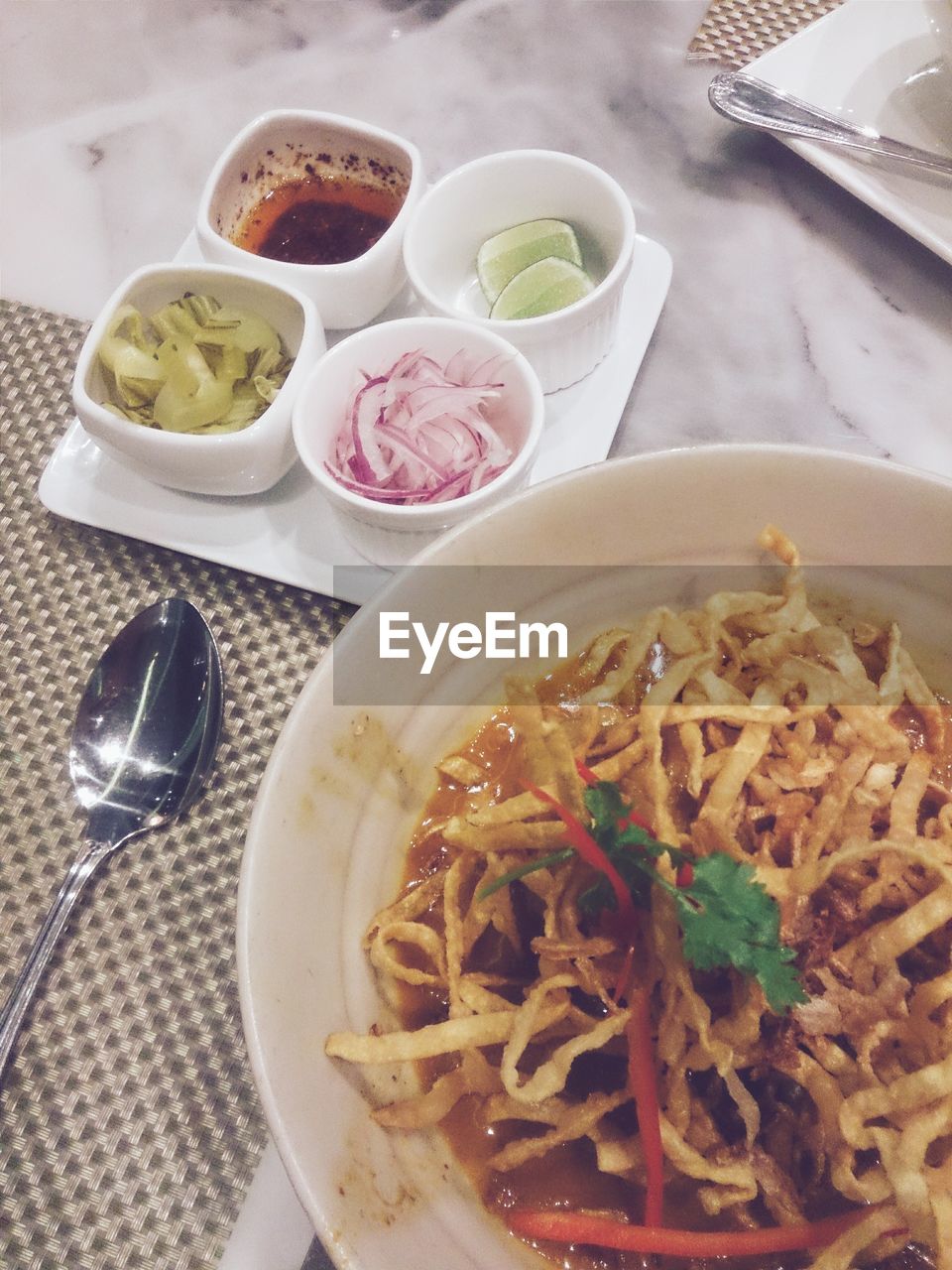 High angle view of food served on table