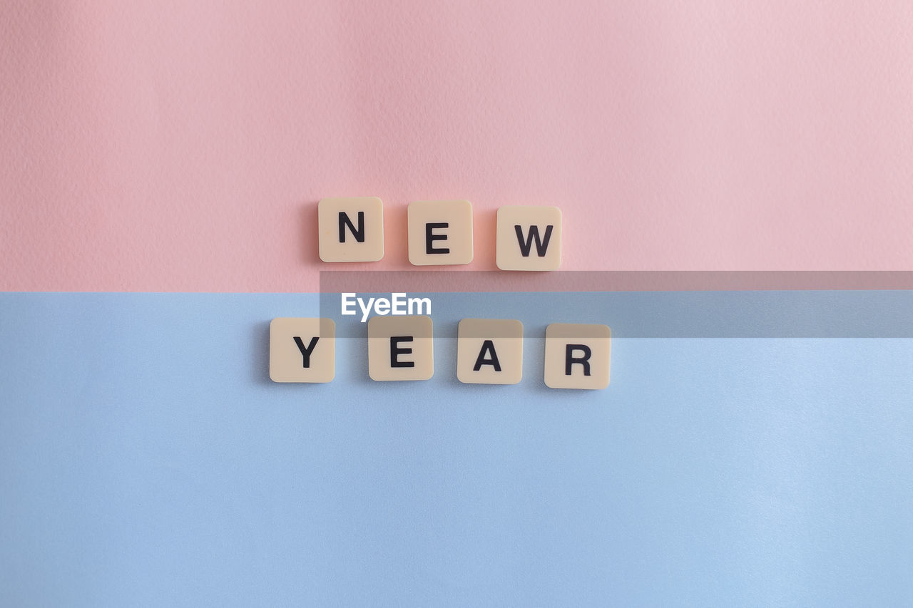 High angle view of new year text on table