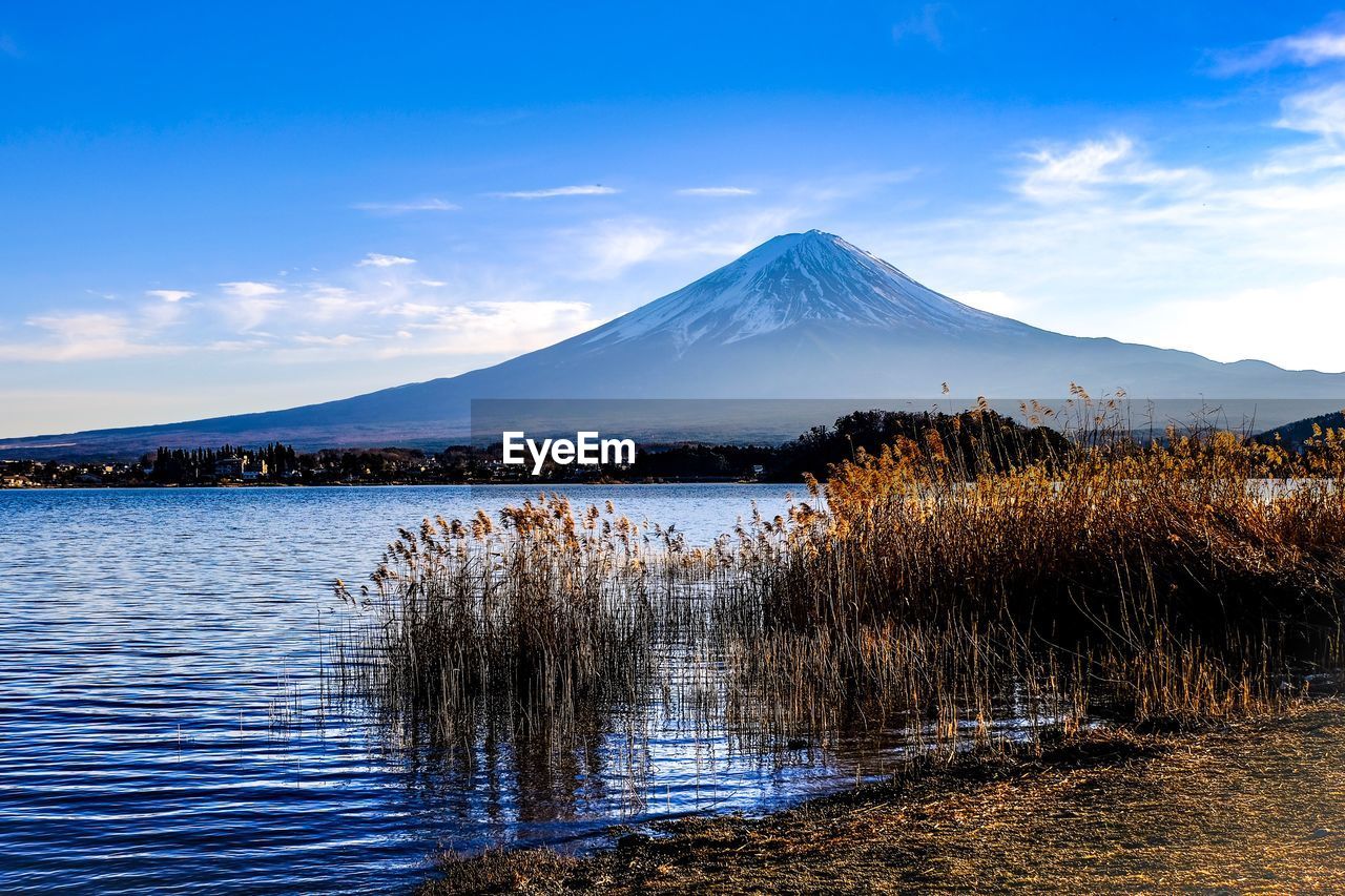 Scenic view of lake by snowcapped mountains against sky