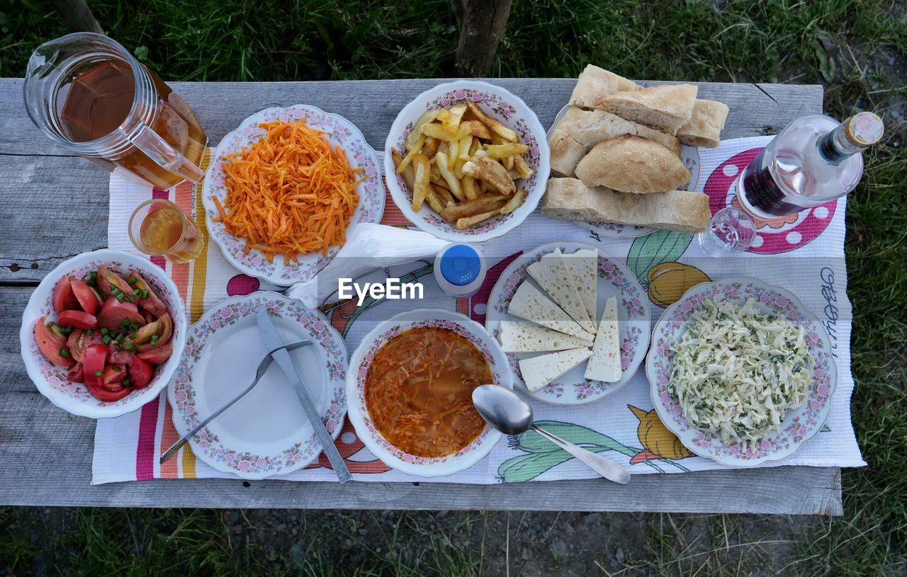 High angle view of various food on table