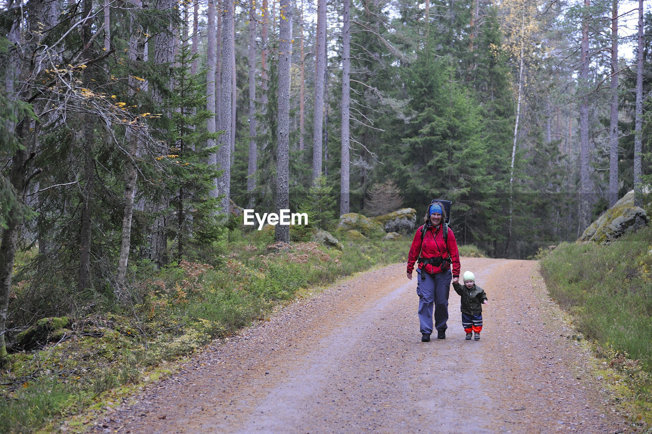 Mother with child walking through forest, tiveden, sweden