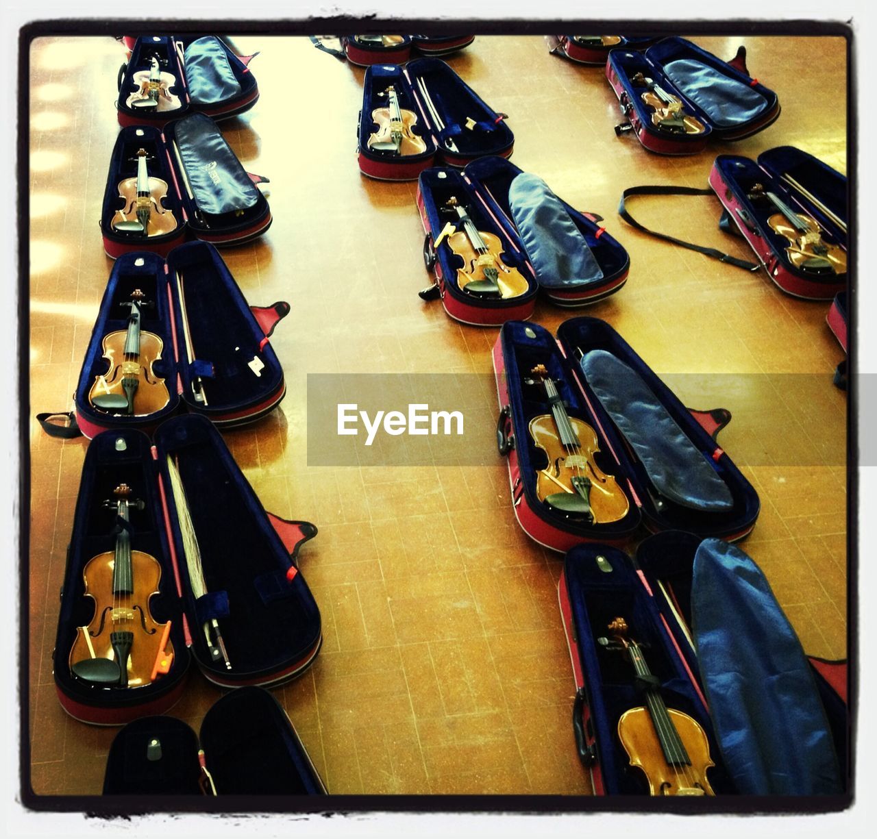 High angle view of violins arranged on floor