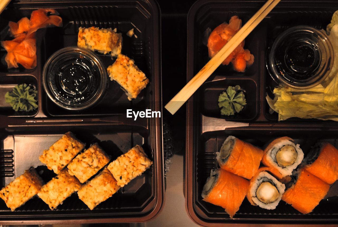 Directly above shot of sushi in tray