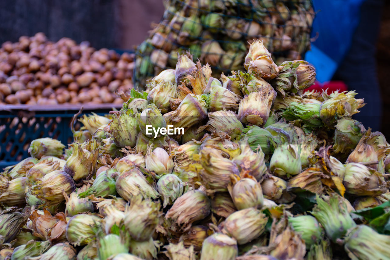 Fresh bio hazelnuts in a street market ready for selling and eating in autumn