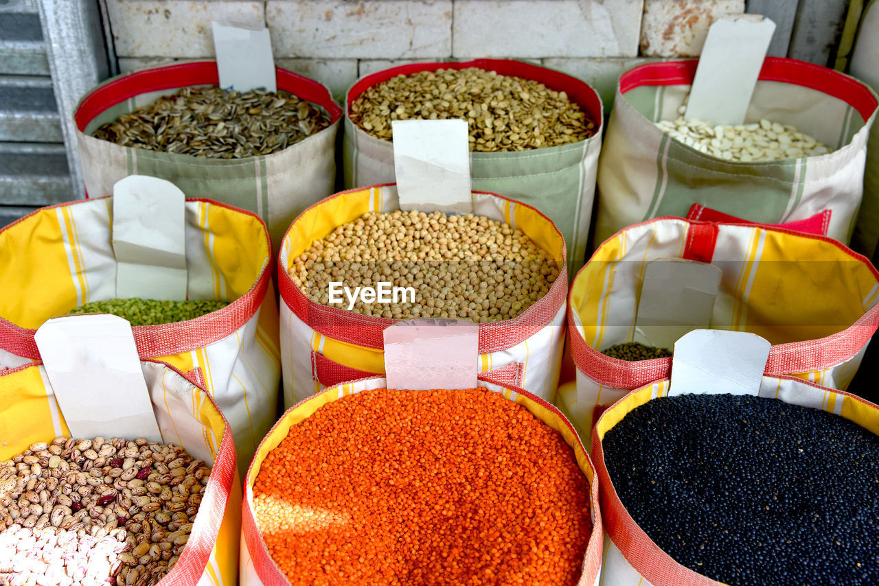 Sacks with legumes beans market - different types of beans