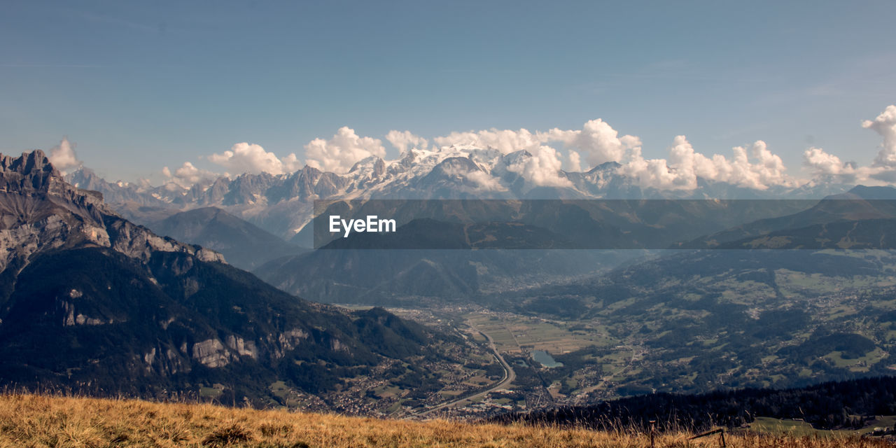 Scenic view of snowcapped mountains against sky