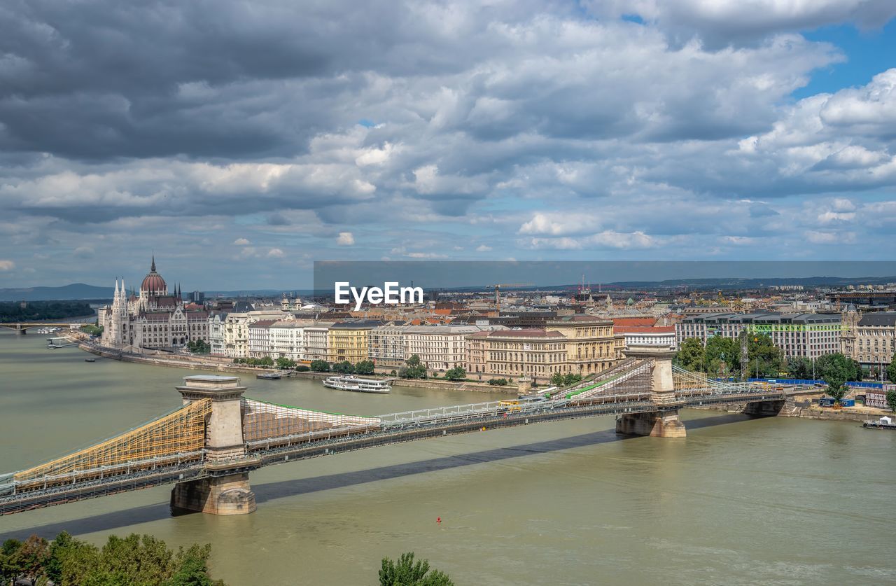  panoramic view of the danube river and the embankment of budapest, hungary, on a summer morning